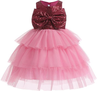 Linya Girls Below Knee Festive/Wedding Dress(Pink, Sleeveless)