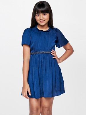 AND Girls Girls Midi/Knee Length Casual Dress(Blue, Short Sleeve)