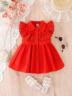 AM MUMBAI FASHION N/A Girls Midi/Knee Length Casual Dress(Red, Short Sleeve)