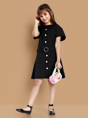 Lazy Shark Girls Midi/Knee Length Casual Dress(Black, Short Sleeve)