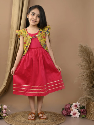 Sangria Girls Midi/Knee Length Festive/Wedding Dress(Pink, Yellow, Sleeveless)