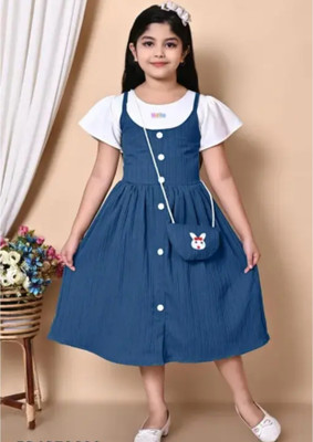 QFF Girls Midi/Knee Length Festive/Wedding Dress(Blue, Short Sleeve)