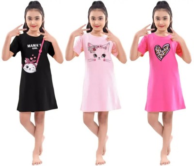 MANOHUNT Girls Midi/Knee Length Casual Dress(Pink, Short Sleeve)