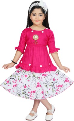 ZONAFASHION Indi Girls Below Knee Festive/Wedding Dress(Pink, 3/4 Sleeve)