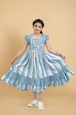 Fashion Dream Girls Below Knee Casual Dress(Blue, Short Sleeve)