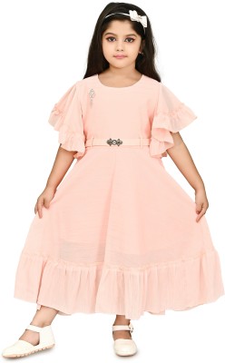 CUTE XII FASHION Girls Maxi/Full Length Casual Dress(Orange, Half Sleeve)