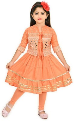 A R Fashions Girls Calf Length Casual Dress(Orange, 3/4 Sleeve)