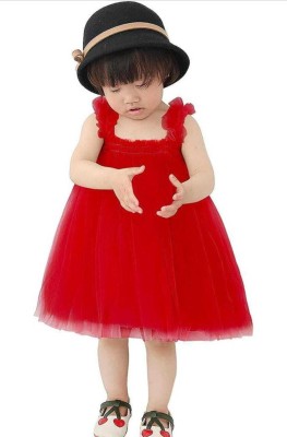 BM7STAR Girls Below Knee Casual Dress(Red, Sleeveless)