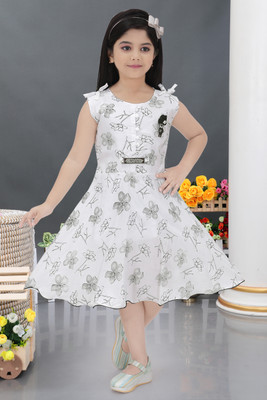 Funnyboo Girls Midi/Knee Length Casual Dress(White, Sleeveless)