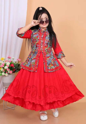 A Asma dresses Indi Girls Maxi/Full Length Casual Dress(Red, Full Sleeve)