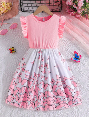 SAPL Girls Midi/Knee Length Casual Dress(White, Pink, Short Sleeve)