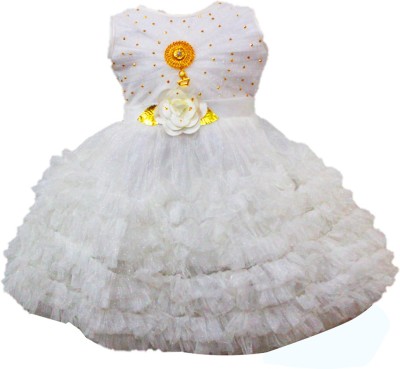 Trenzy Indi Baby Girls Midi/Knee Length Festive/Wedding Dress(White, Sleeveless)