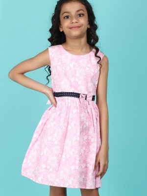 V-MART Girls Midi/Knee Length Casual Dress(Pink, Sleeveless)