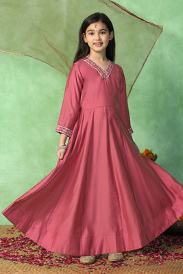 Sangria Girls Maxi/Full Length Festive/Wedding Dress(Pink, 3/4 Sleeve)