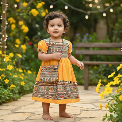 KGN FASHION Indi Baby Girls Midi/Knee Length Festive/Wedding Dress(Yellow, Short Sleeve)