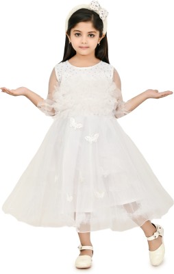 Zenat Girls Maxi/Full Length Party Dress(White, 3/4 Sleeve)