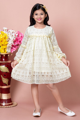 TAILORWOMEN Indi Girls Midi/Knee Length Party Dress(White, Full Sleeve)