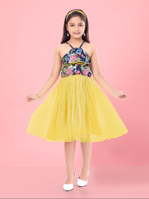 Aarika Indi Girls Midi/Knee Length Party Dress(Yellow, Sleeveless)