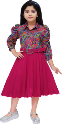 ChromaFashion Girls Below Knee Festive/Wedding Dress(Pink, Full Sleeve)