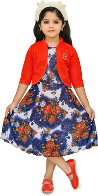 CHANDRIKA LIFESTYLE Girls Below Knee Casual Dress(Red, 3/4 Sleeve)