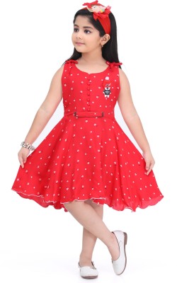 BARKAT DESIGNING PLANET Girls Midi/Knee Length Party Dress(Red, Sleeveless)