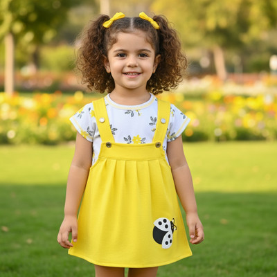 DUNGAREES Baby Girls Midi/Knee Length Festive/Wedding Dress(Yellow, Short Sleeve)