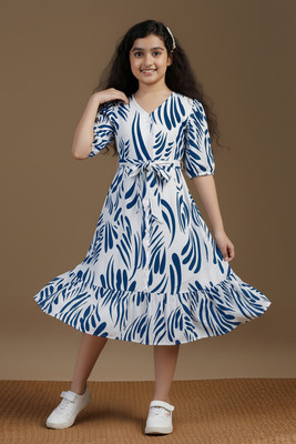 Fashion Dream Girls Calf Length Casual Dress(Blue, Half Sleeve)