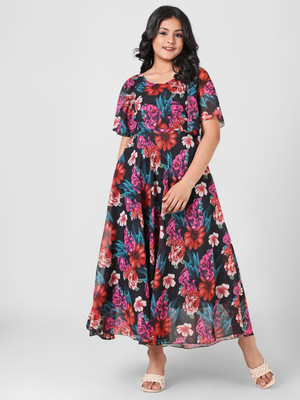 KRASRENAR Girls Maxi/Full Length Casual Dress(Black, 3/4 Sleeve)