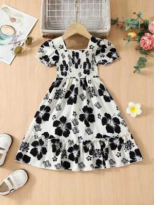 SwaraCreation Indi Girls Midi/Knee Length Casual Dress(White, Black, Half Sleeve)