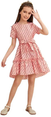 Ksaliya Enterprise Girls Midi/Knee Length Casual Dress(Pink, Short Sleeve)