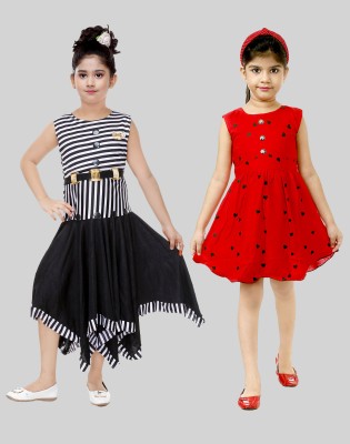 Mojua Girls Midi/Knee Length Party Dress(Red, Sleeveless)