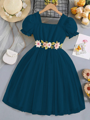 Miss & Chief Girls Midi/Knee Length Party Dress(Dark Blue, Half Sleeve)