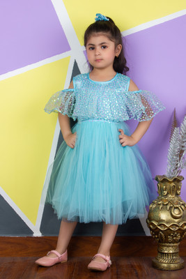 Bella Moda Girls Midi/Knee Length Party Dress(Light Blue, Sleeveless)