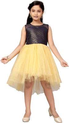 MUHURATAM Girls Above Knee Party Dress(Yellow, Sleeveless)