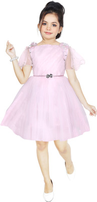 KJD Indi Girls Midi/Knee Length Festive/Wedding Dress(Pink, Short Sleeve)