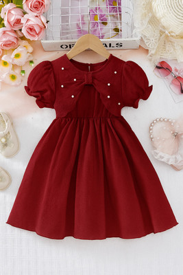 MENSBIT Girls Midi/Knee Length Party Dress(Maroon, Short Sleeve)