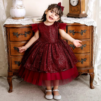 Style Connect Indi Girls Midi/Knee Length Party Dress(Maroon, Short Sleeve)