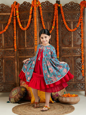 VASTRAMAY Girls Above Knee Festive/Wedding Dress(Red, Full Sleeve)