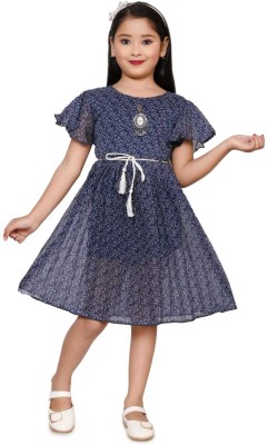 M Textile Girls Midi/Knee Length Party Dress(Blue, Short Sleeve)