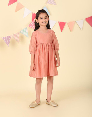 Fabindia Girls Midi/Knee Length Casual Dress(Orange, 3/4 Sleeve)