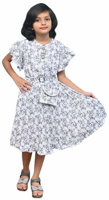 AR Choice Indi Girls Above Knee Casual Dress(White, Half Sleeve)