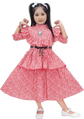 BISAL Girls Calf Length Casual Dress(Red, 3/4 Sleeve)