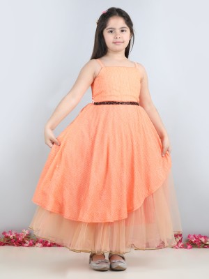 Toy Balloon Kids Girls Maxi/Full Length Party Dress(Orange, Sleeveless)