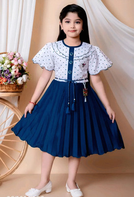 Lilions Girls Below Knee Festive/Wedding Dress(White, Blue, Short Sleeve)