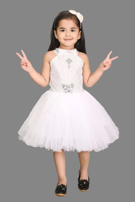 Wonder Fashion Girls Midi/Knee Length Festive/Wedding Dress(White, Sleeveless)