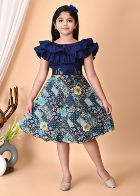 Chandrika Girls Below Knee Casual Dress(Dark Blue, Fashion Sleeve)