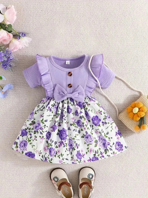 CARTIKKAAY Indi Girls Midi/Knee Length Party Dress(Purple, Short Sleeve)