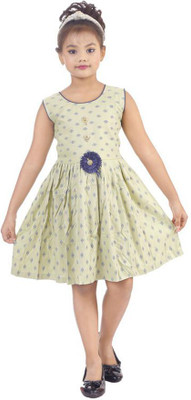 N BAHUBALI Indi Baby Girls Midi/Knee Length Casual Dress(Beige, Sleeveless)