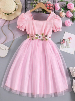 Miss & Chief Girls Midi/Knee Length Party Dress(Pink, Short Sleeve)
