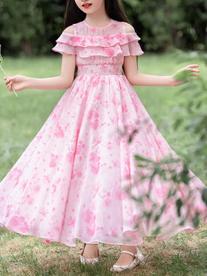 Style Connect Girls Maxi/Full Length Party Dress(Pink, Short Sleeve)